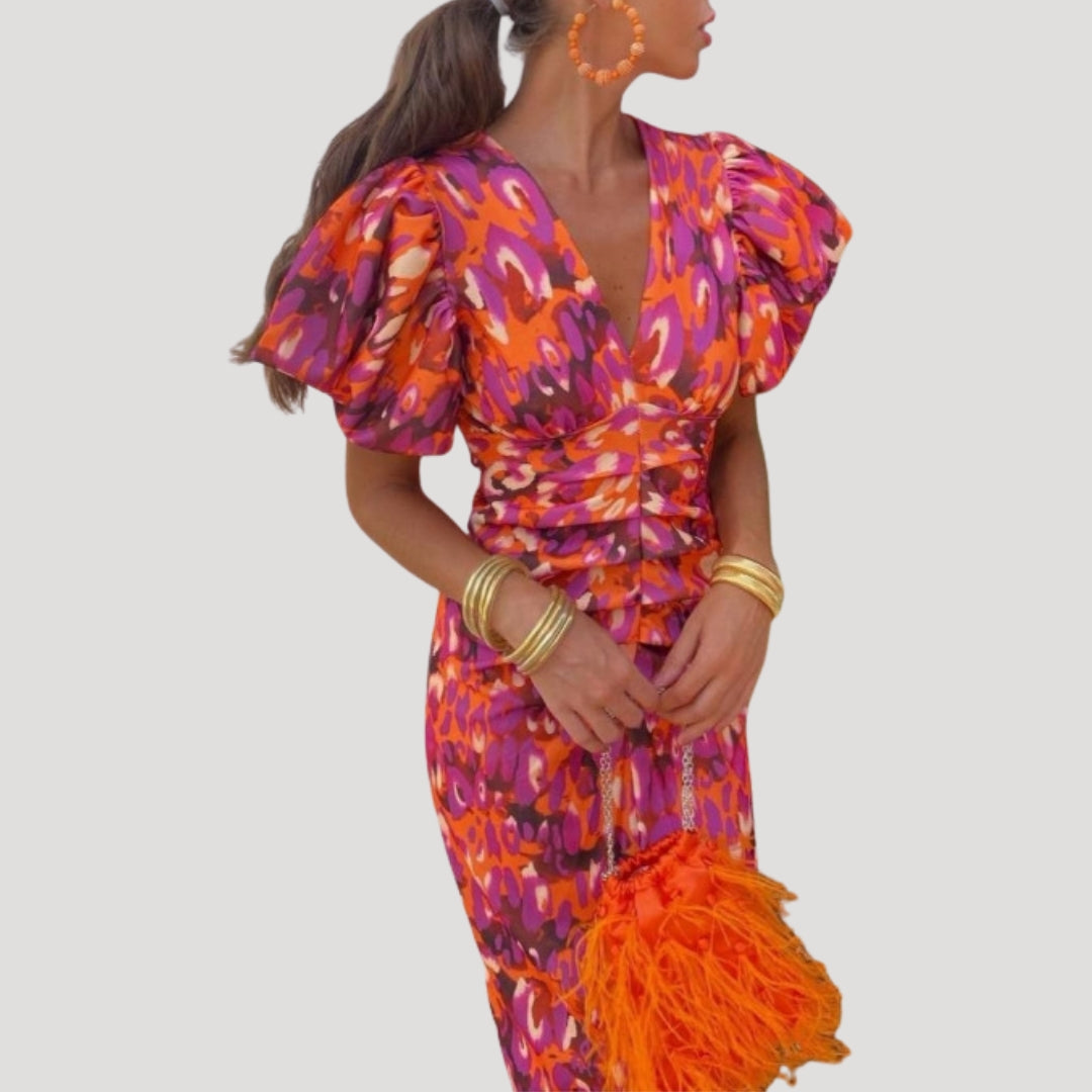 Puff Sleeve V-Neck Midi Dress Ruched Bodice Printed Wedding Guest Occasion Wear