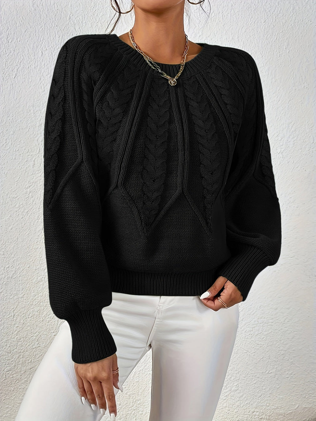 Women's Cable Knit Sweater with Relaxed Fit and Lantern Sleeves for Everyday Wear