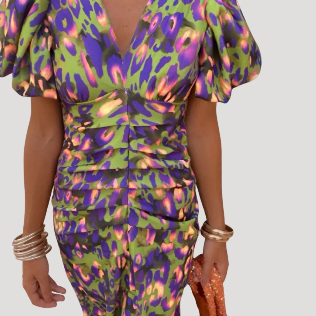 Puff Sleeve V-Neck Midi Dress Ruched Bodice Printed Wedding Guest Occasion Wear
