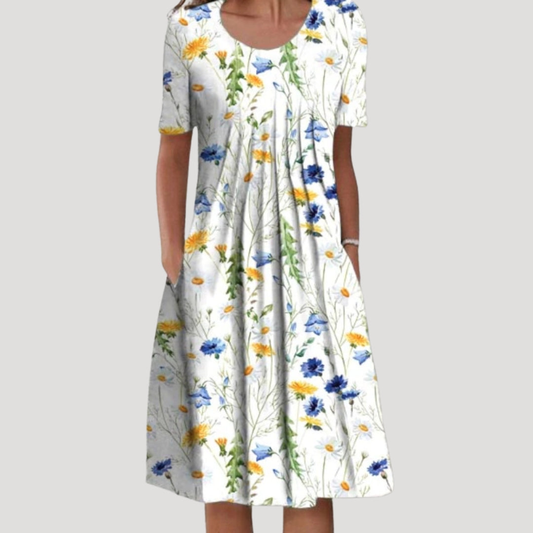Floral Midi Dress with Short Sleeves and Relaxed Silhouette Casual Everyday Gown