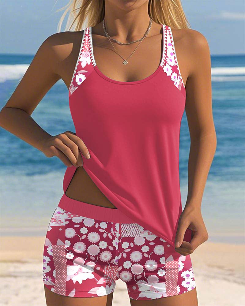 Two-piece swimsuit with shorts — floral tankini for beach vacation