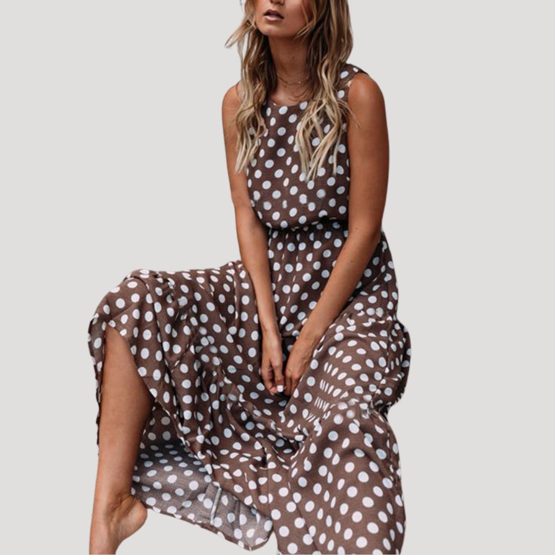 Polka Dot Sleeveless Midi Dress with Round Neck and Relaxed A-Line Silhouette