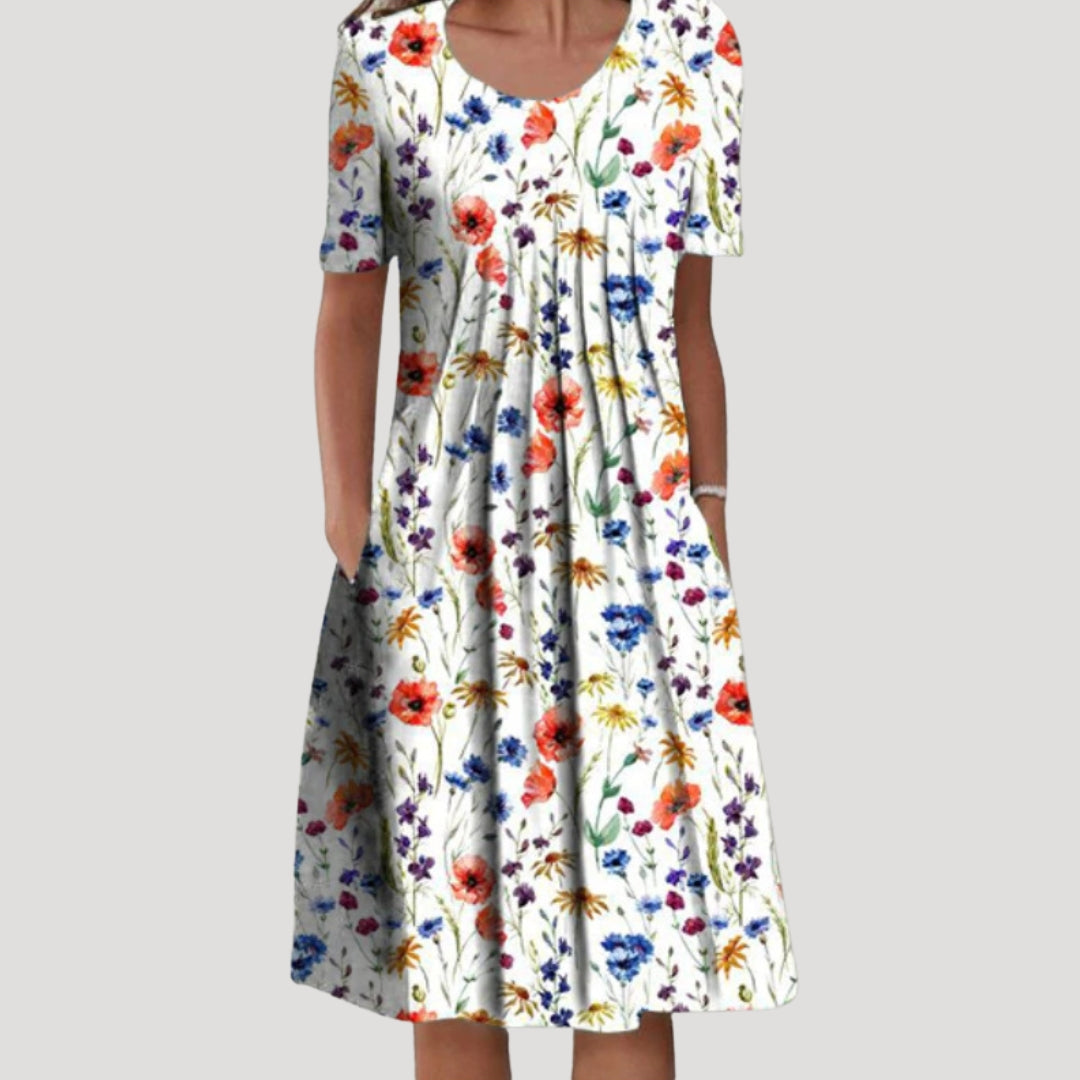 Floral Midi Dress with Short Sleeves and Relaxed Silhouette Casual Everyday Gown