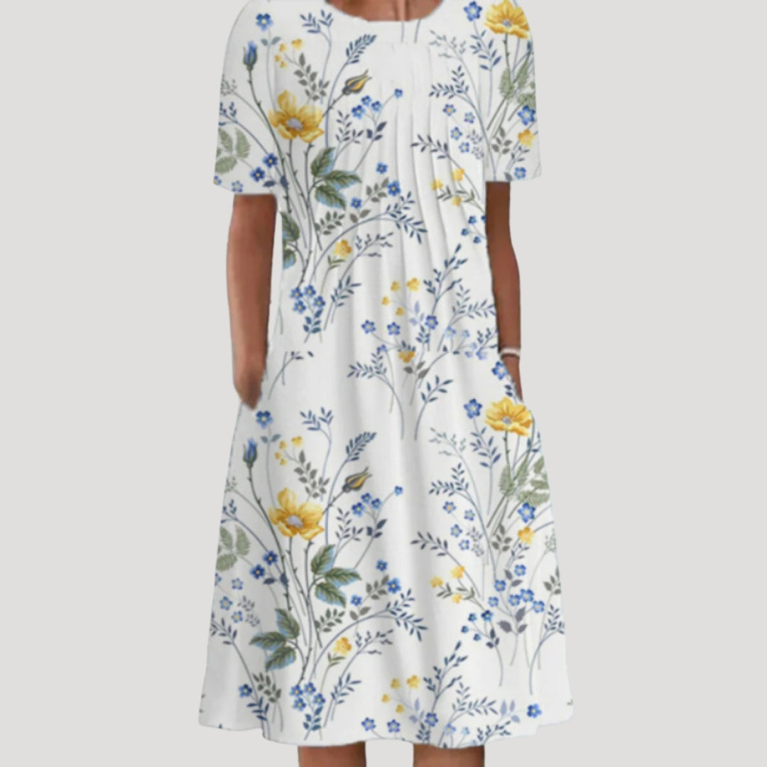 Floral Midi Dress with Short Sleeves and Relaxed Silhouette Casual Everyday Gown