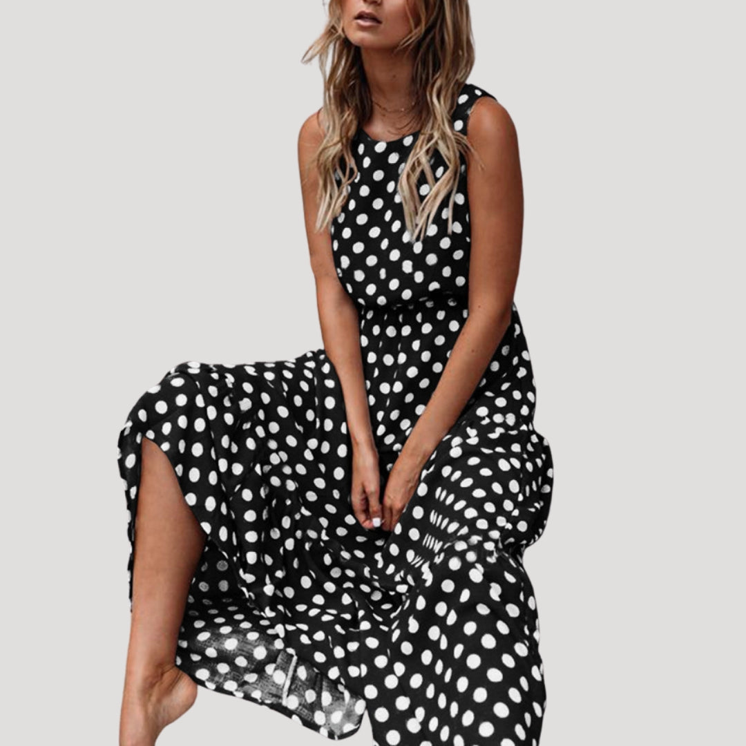 Polka Dot Sleeveless Midi Dress with Round Neck and Relaxed A-Line Silhouette