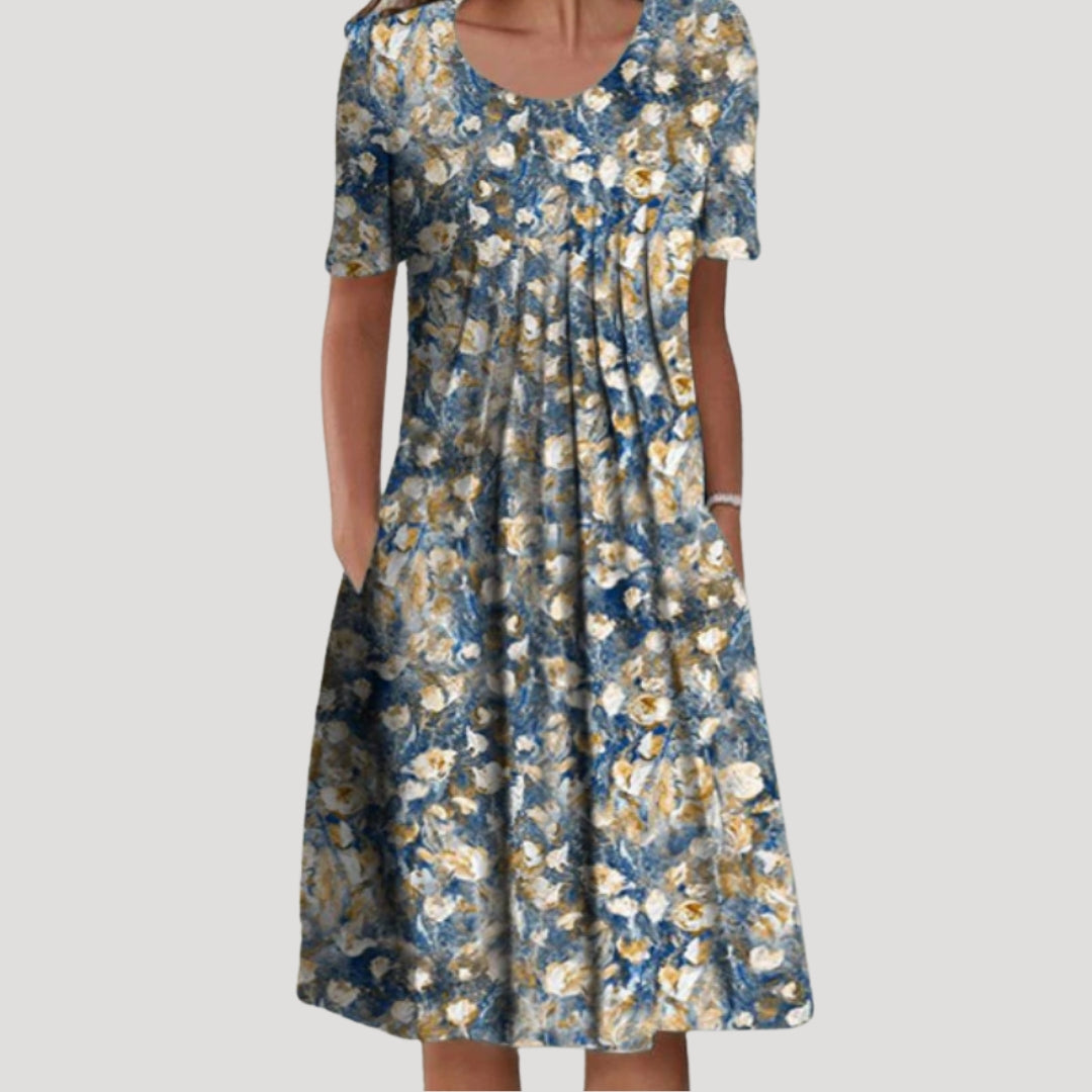 Floral Midi Dress with Short Sleeves and Relaxed Silhouette Casual Everyday Gown