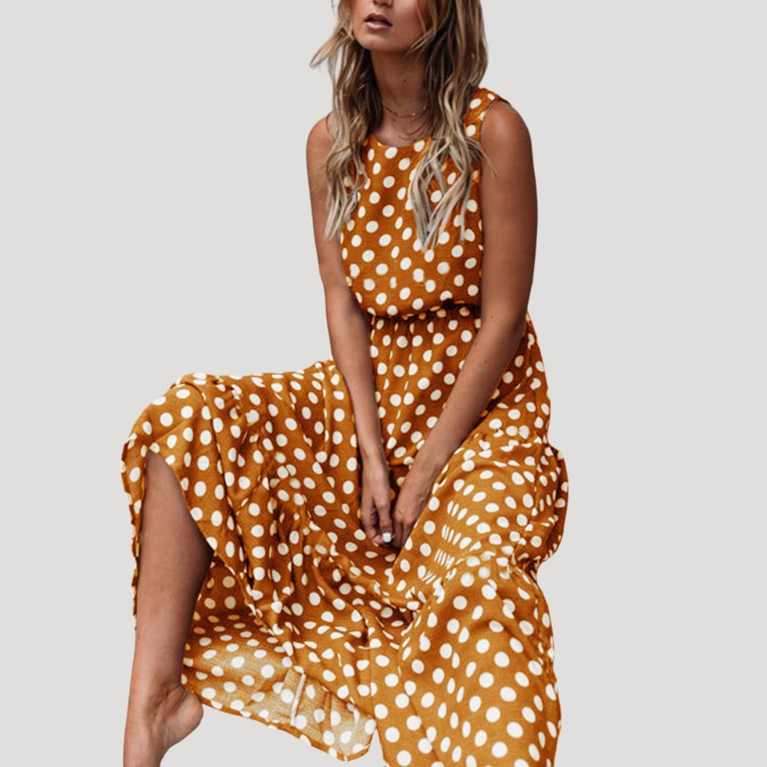 Polka Dot Sleeveless Midi Dress with Round Neck and Relaxed A-Line Silhouette