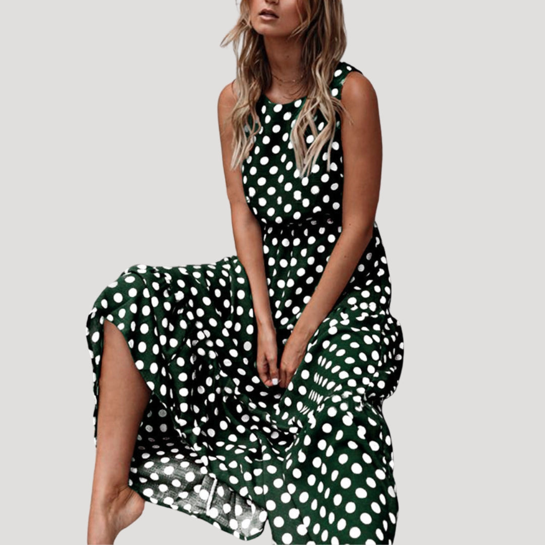 Polka Dot Sleeveless Midi Dress with Round Neck and Relaxed A-Line Silhouette