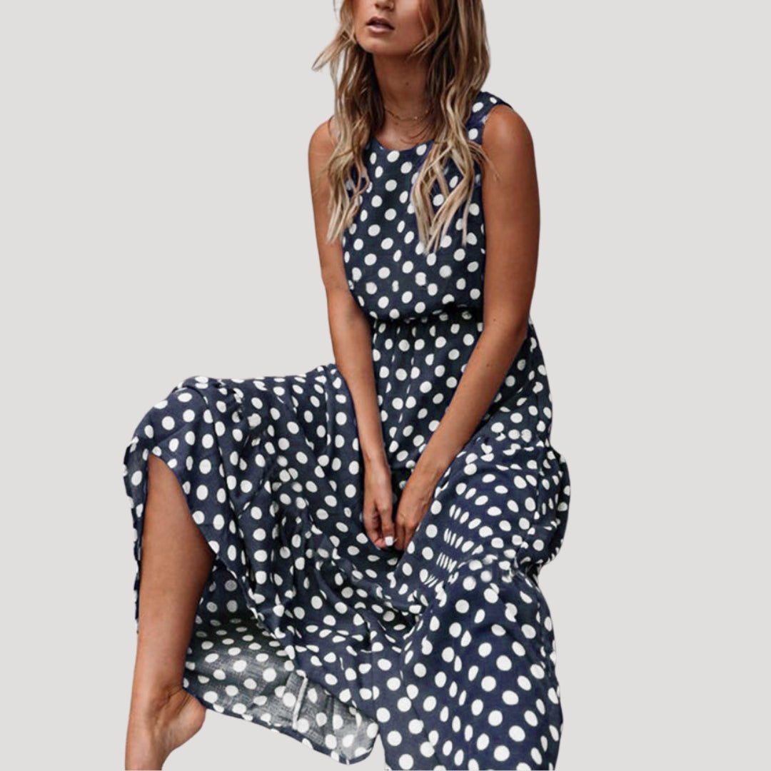 Polka Dot Sleeveless Midi Dress with Round Neck and Relaxed A-Line Silhouette