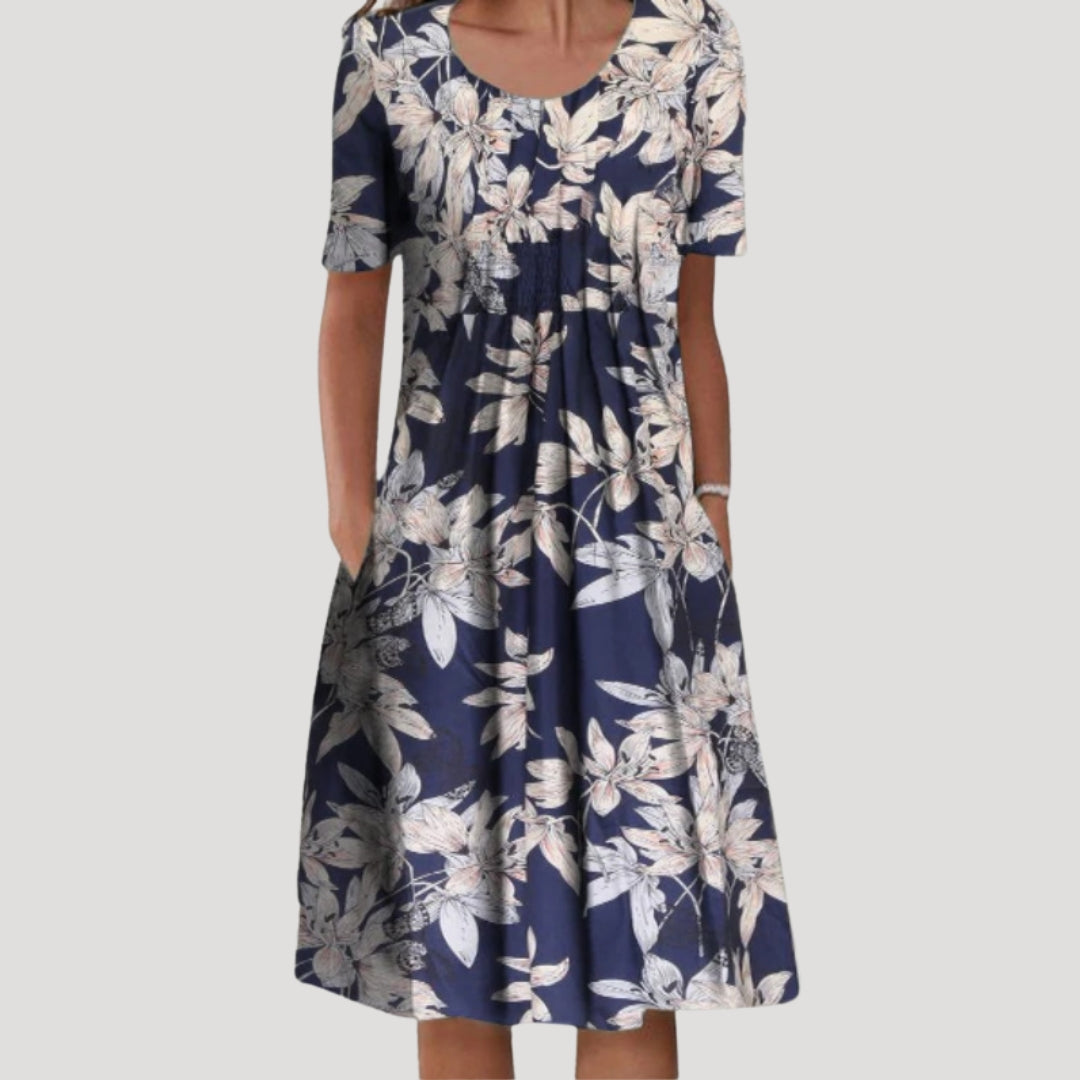 Floral Midi Dress with Short Sleeves and Relaxed Silhouette Casual Everyday Gown