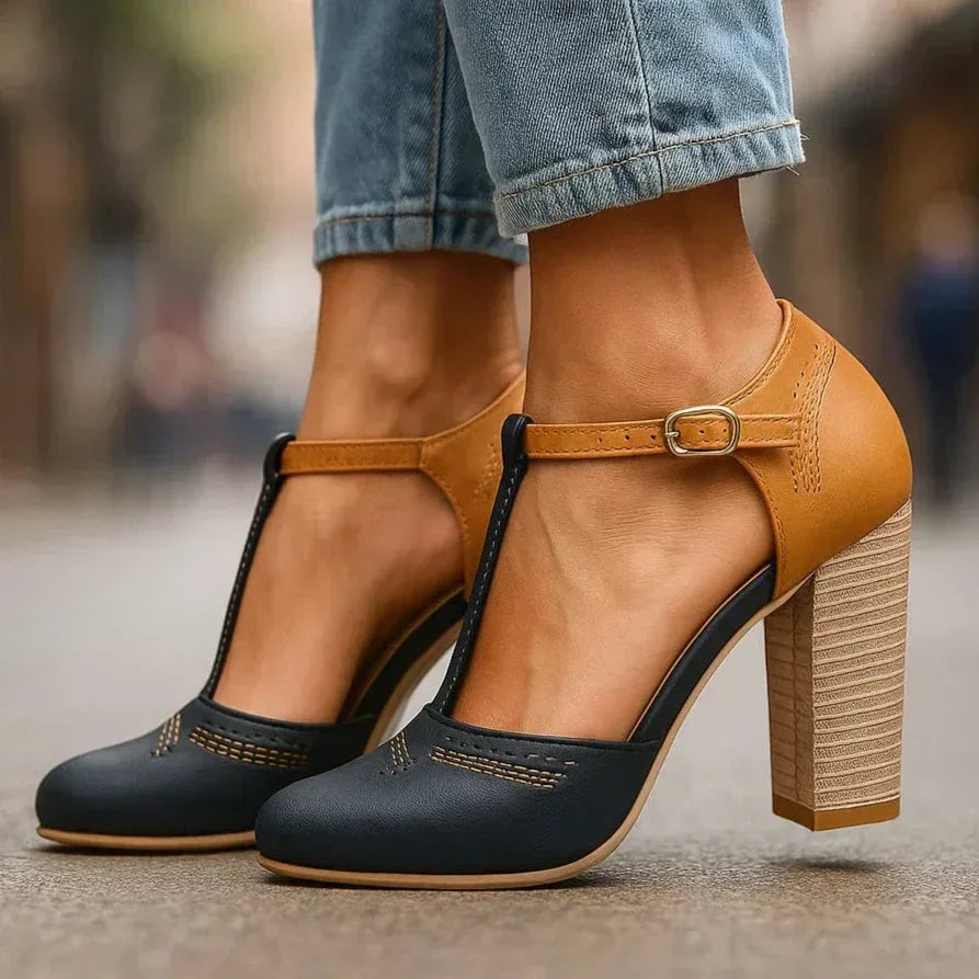 Two-tone block heel pumps — versatile shoes for daily wear