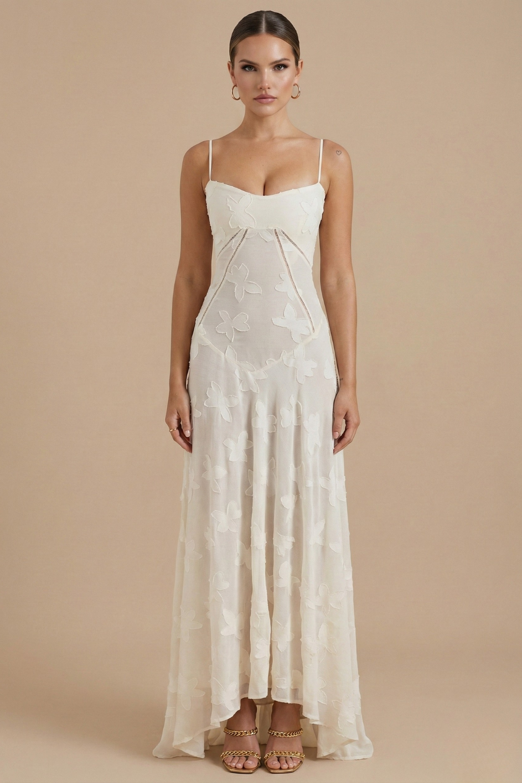 Floral Lace Overlay Maxi Dress Spaghetti Strap Sweetheart Neck Wedding Guest Gown