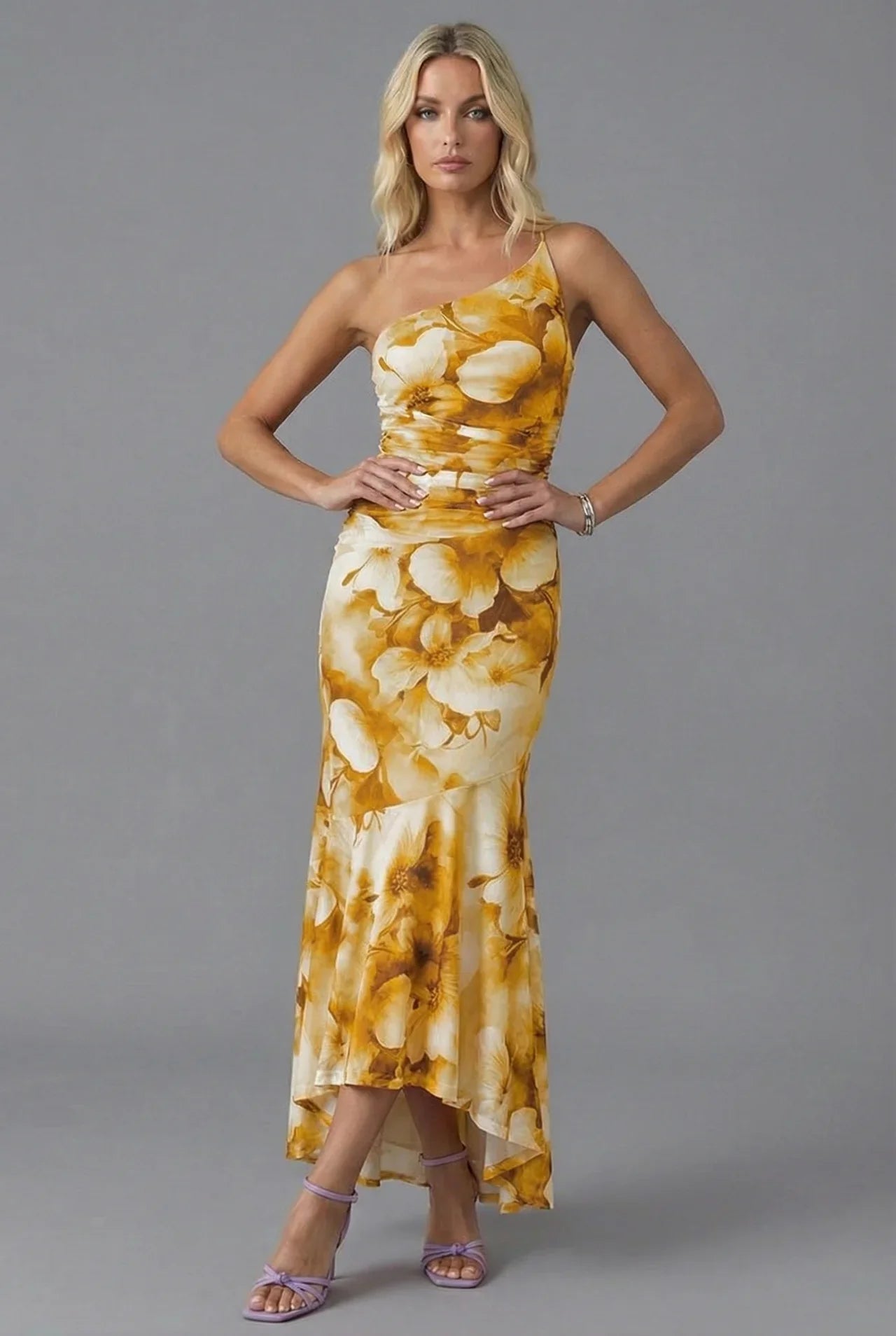 One Shoulder Floral Maxi Dress Ruched Bodycon Fishtail Hem Evening Formal Gown