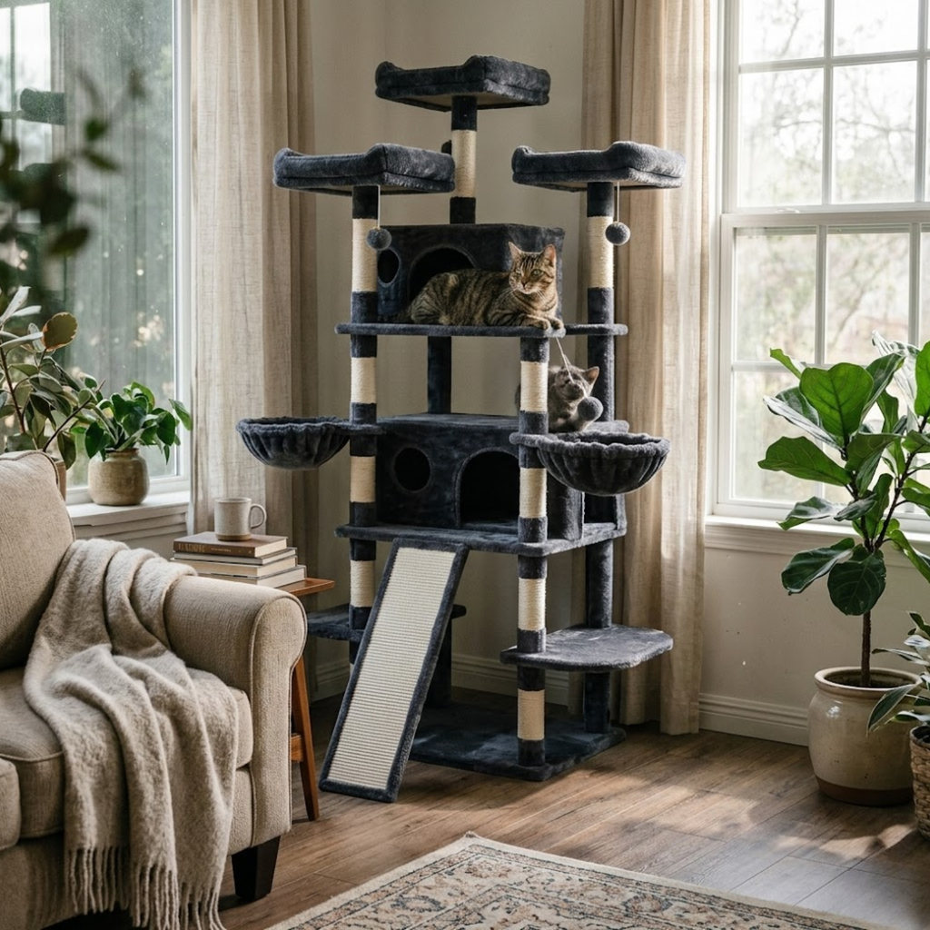 Cat Tree Tower for Indoor Cats with Sisal Scratching Post Condo Hammock and Perch