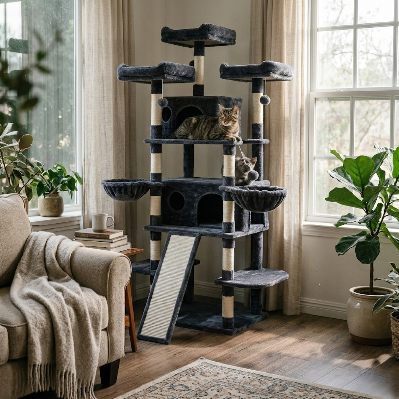 Cat Tree Tower for Indoor Cats with Sisal Scratching Post Condo Hammock and Perch