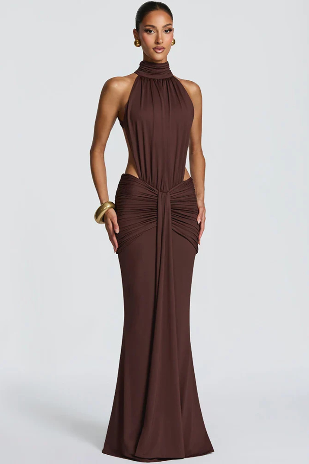 Halter Neck Backless Ruched Maxi Dress Bodycon Wedding Guest Gown with Side Cut-Outs