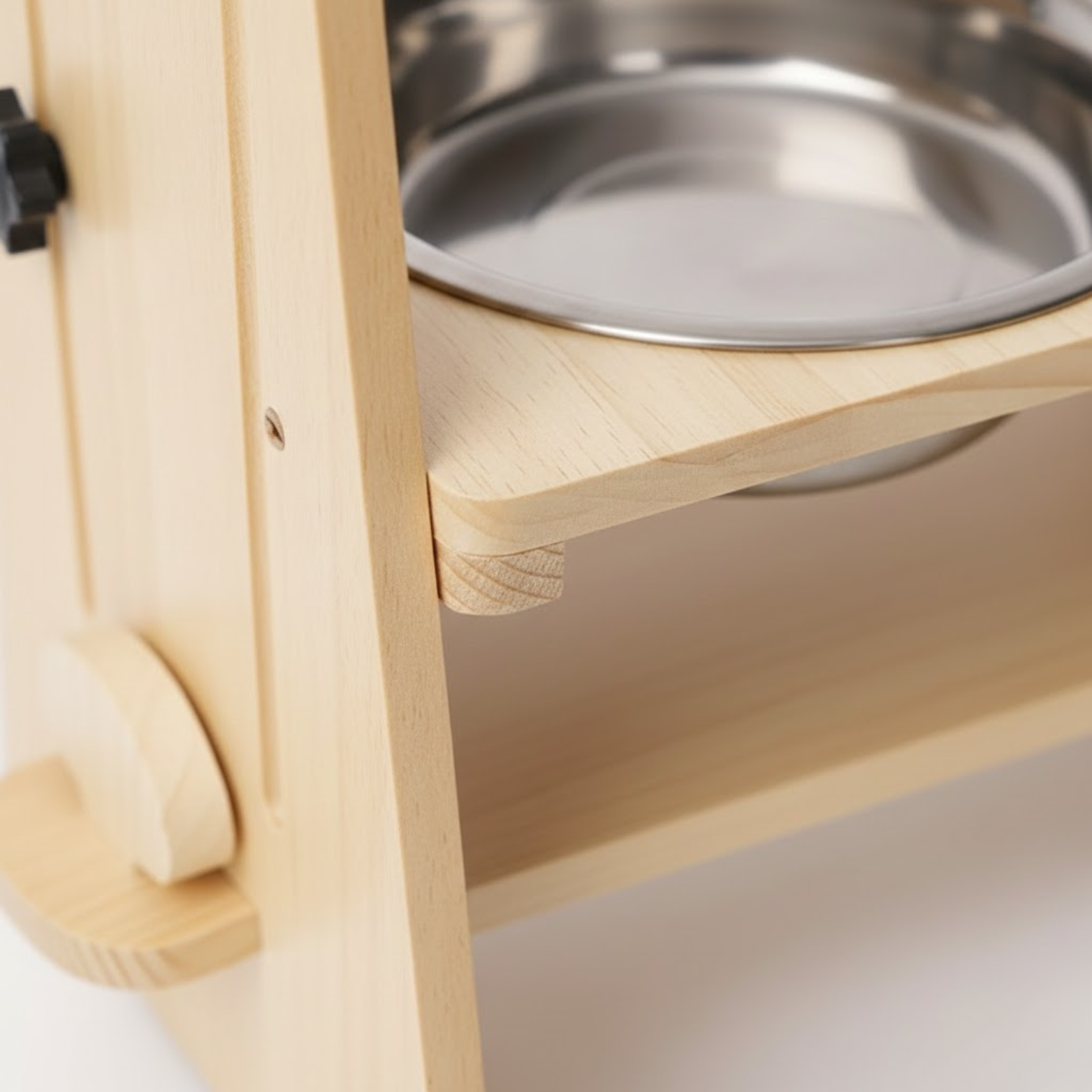 Adjustable Elevated Dog Feeder Pine Wood Stand with Stainless Steel Bowls