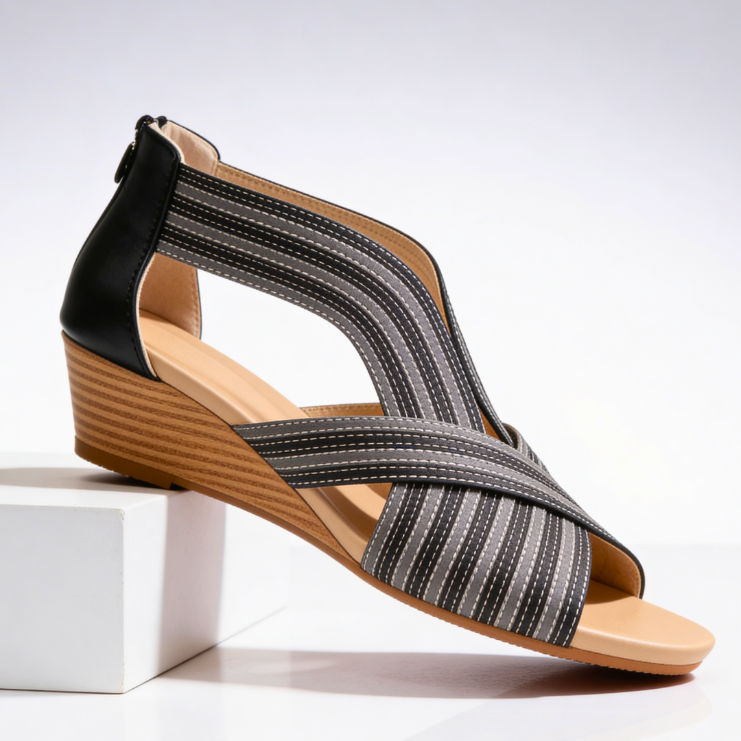 Women's Wedge Sandals Leather Criss Cross Striped Peep Toe Cushioned Walking Shoes