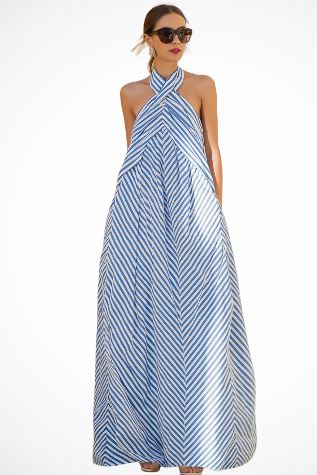 Striped Halter Neck Maxi Dress Relaxed Fit Sleeveless Flowing A-Line Sundress
