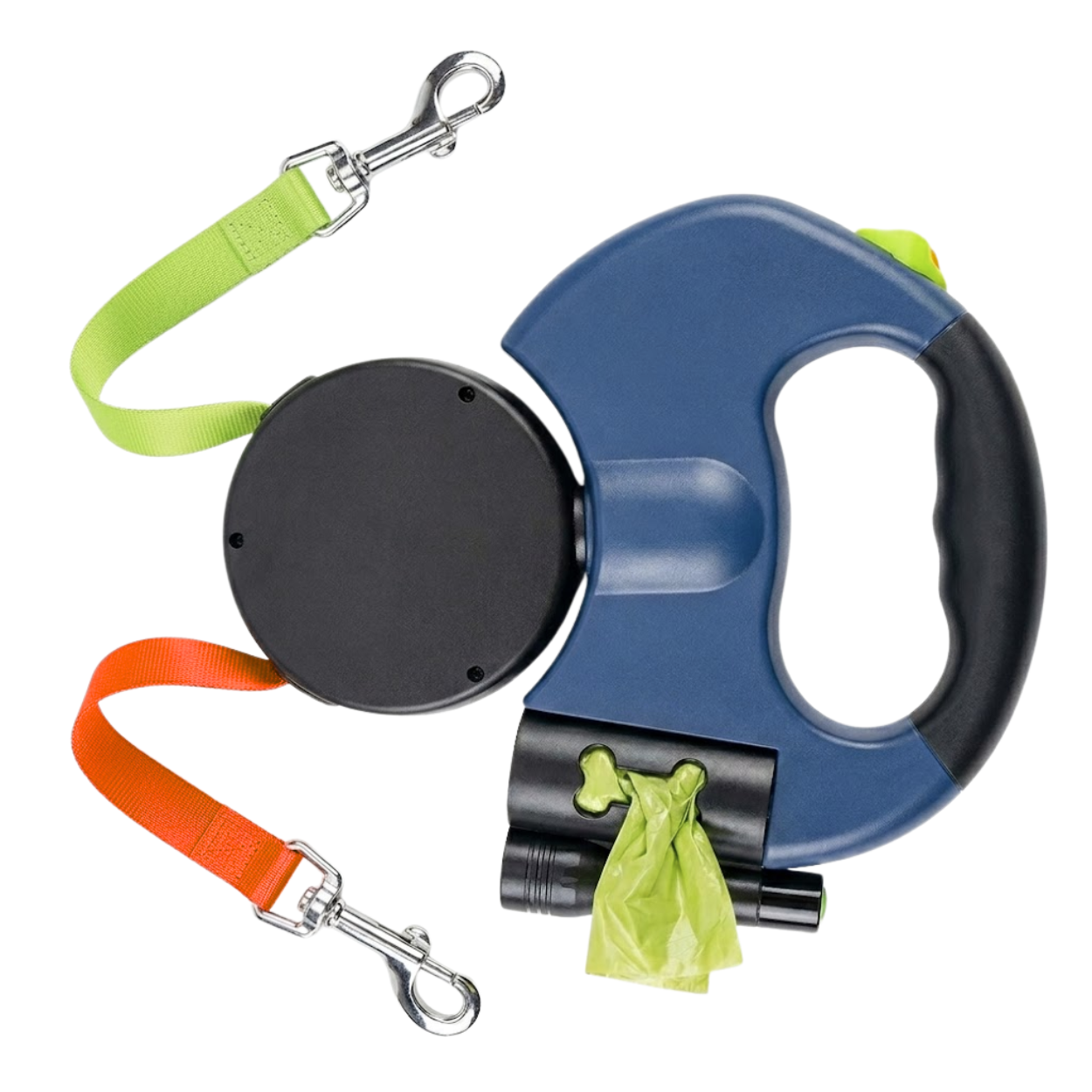 Retractable Double Dog Leash with LED Flashlight and Integrated Waste Bag Dispenser