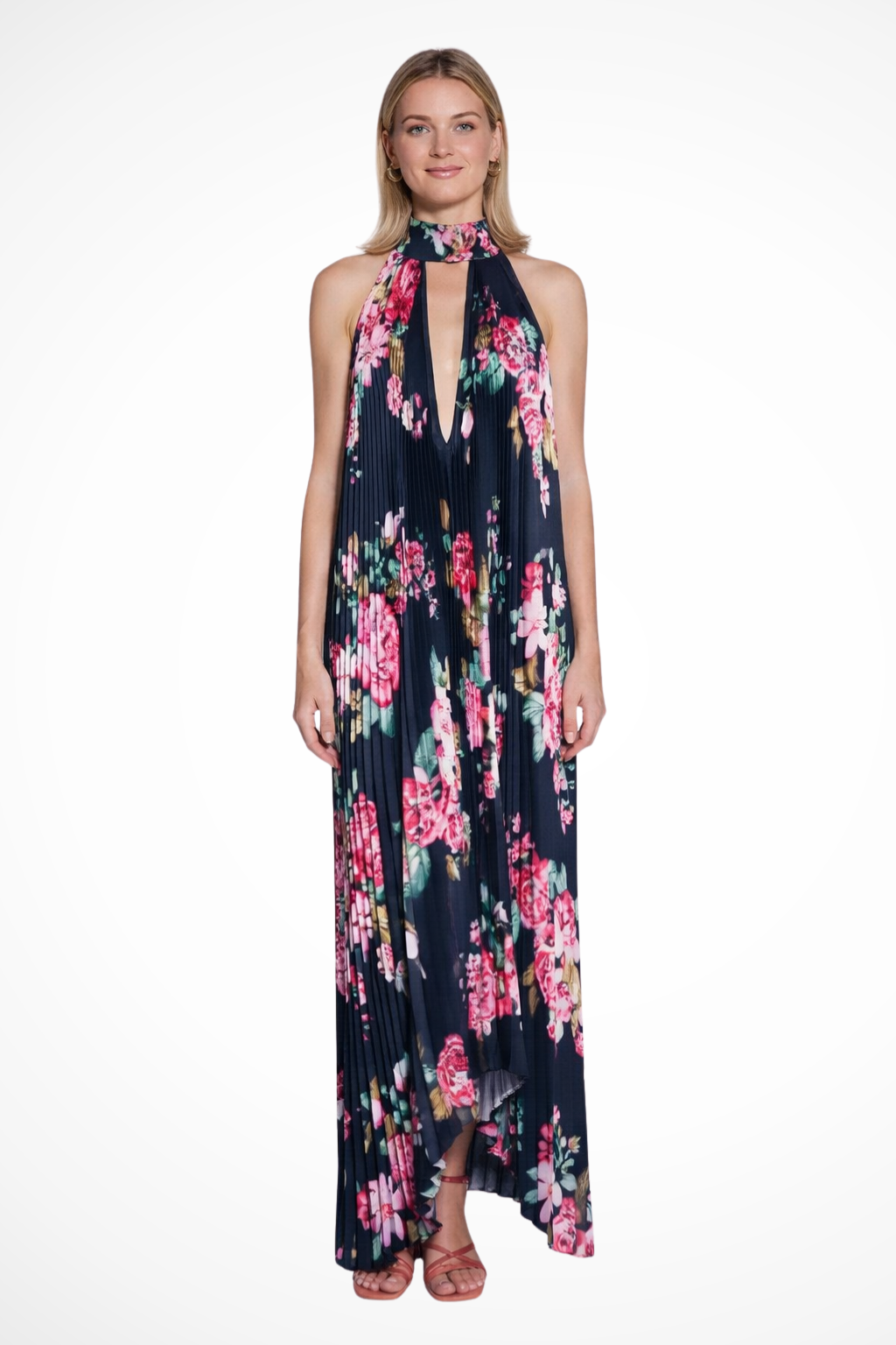 Printed Pleated Halter Neck Maxi Dress with Front Keyhole Detail Evening Gown