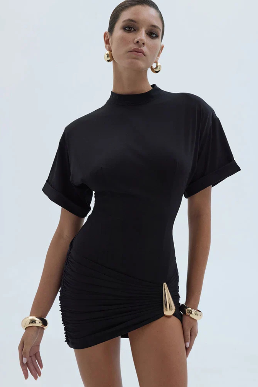 Bodycon Mini Dress Short Sleeve High Neck Ruched Wedding Guest Evening Dress