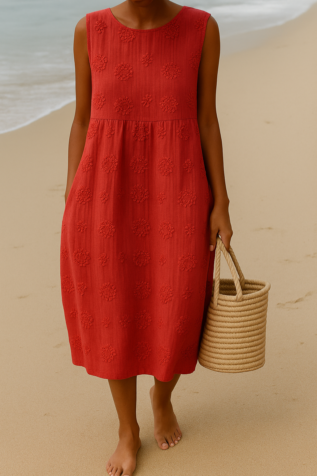 Woven Embroidered Sleeveless Midi Dress