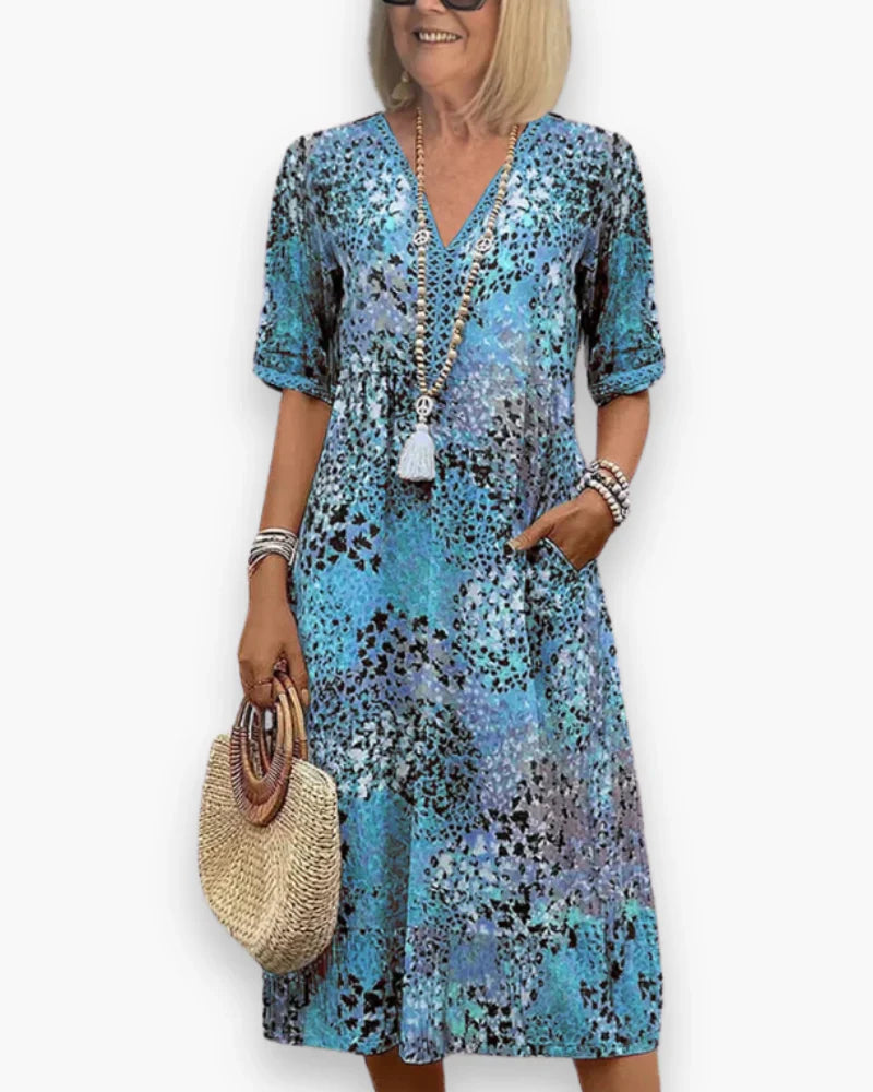 Floral Midi Dress with V-Neck and Half Sleeves for Women