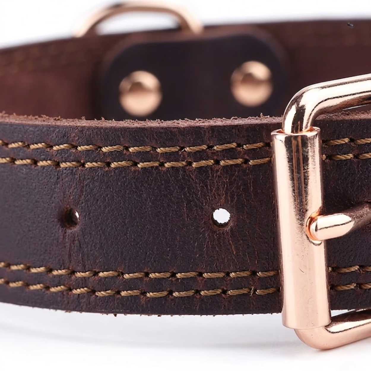 Genuine Leather Dog Collar Durable Heavy-Duty Pet Collar with Double D-Ring