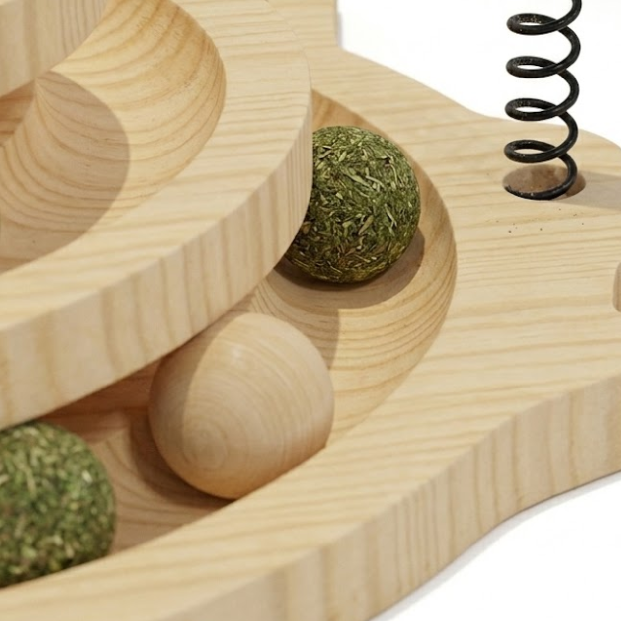Wooden Cat Toy Tower with Interactive Track Balls and Feather Wand Attachment
