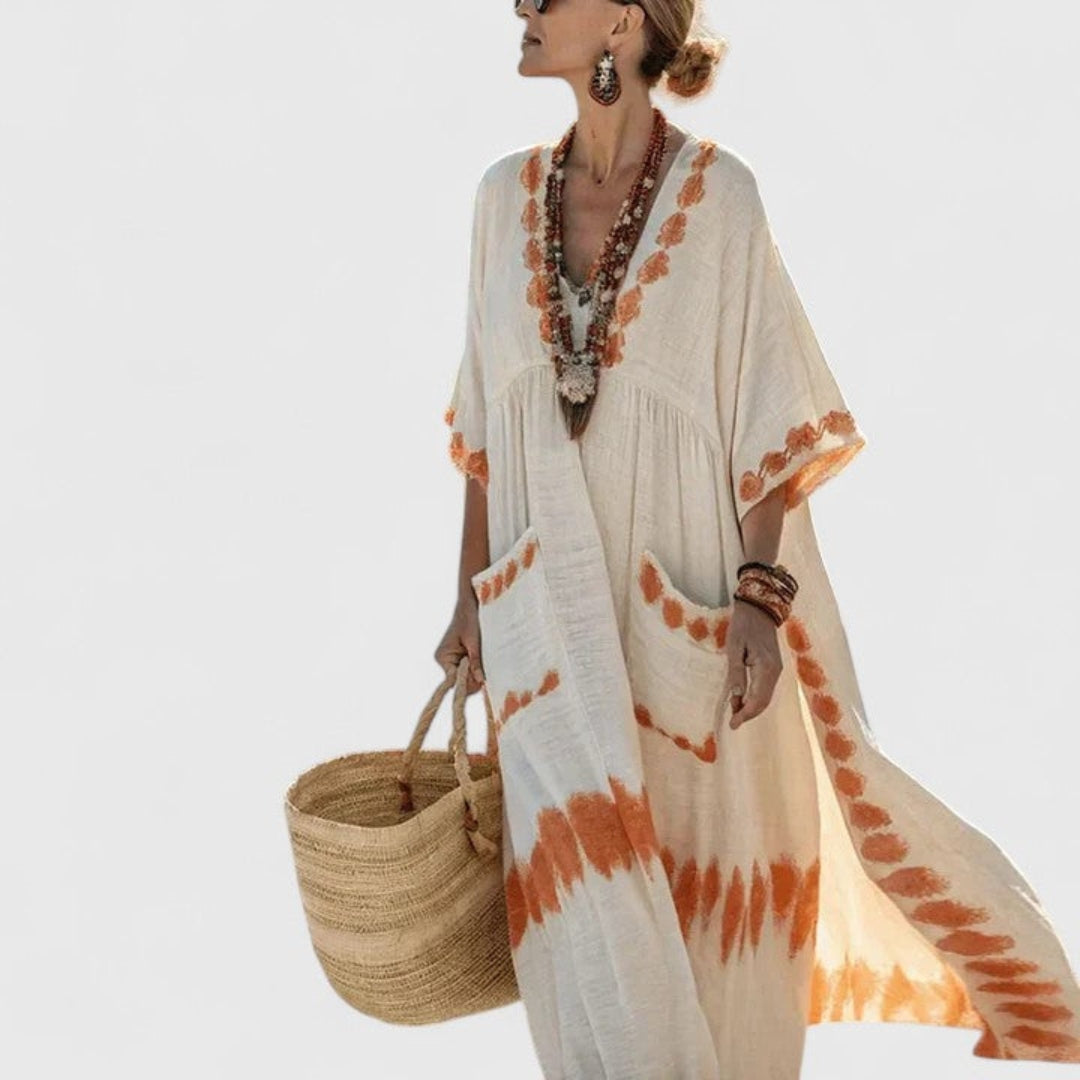 Boho Maxi Dress with Pockets V-Neck Striped Kaftan Loose Fit Beach Vacation Apparel