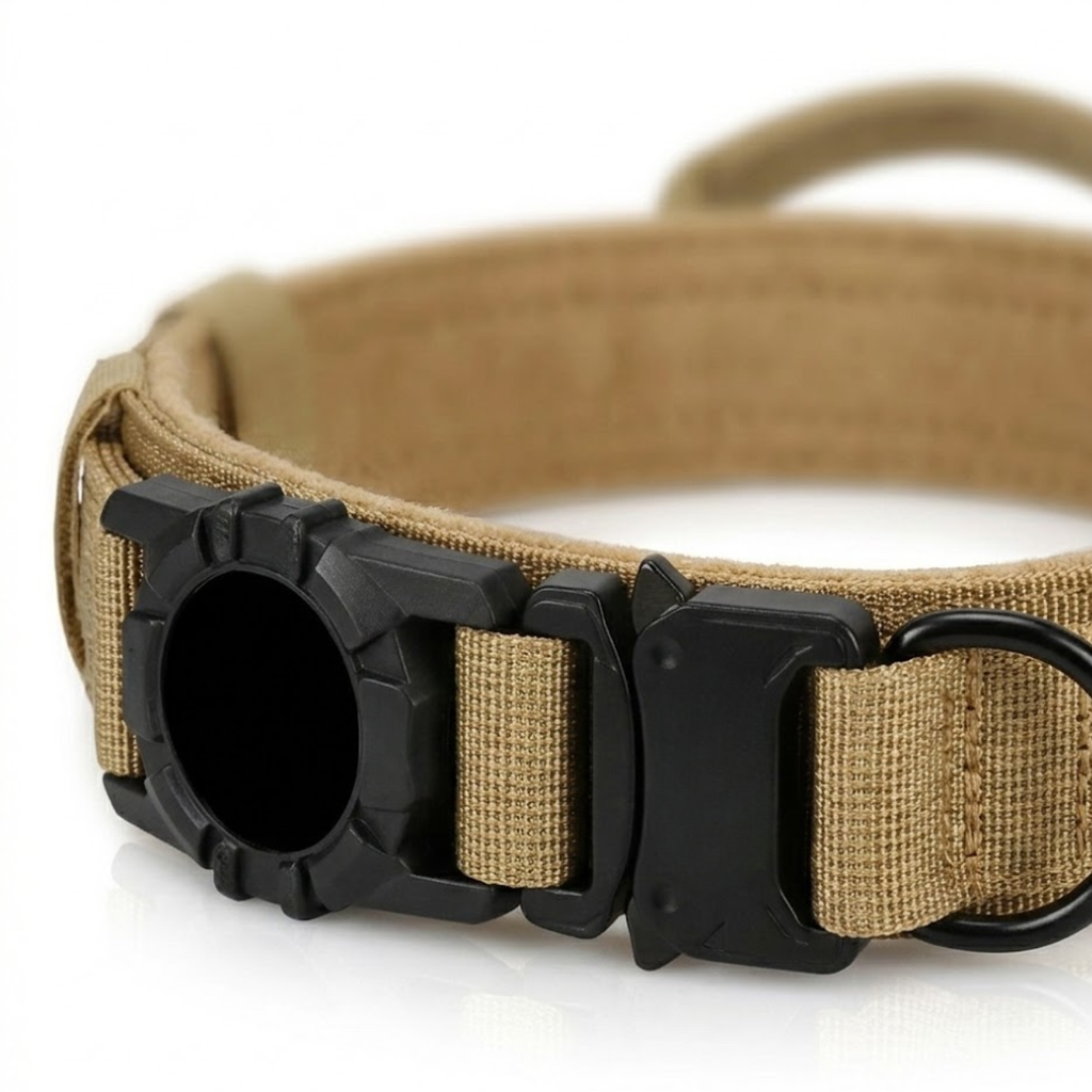 Tactical Nylon Dog Collar with Integrated AirTag Holder and Metal Buckle