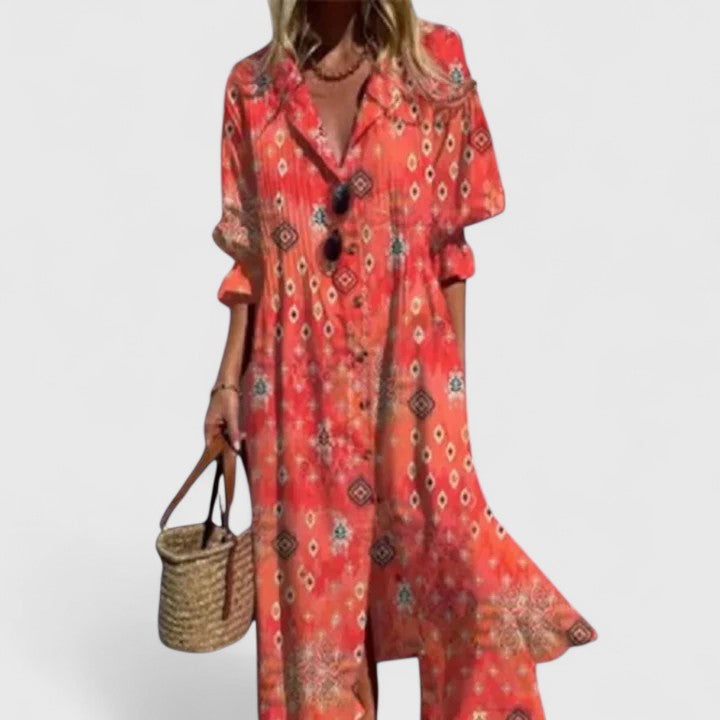 Women's floral print shirtdress — pintuck pleated collared midi dress