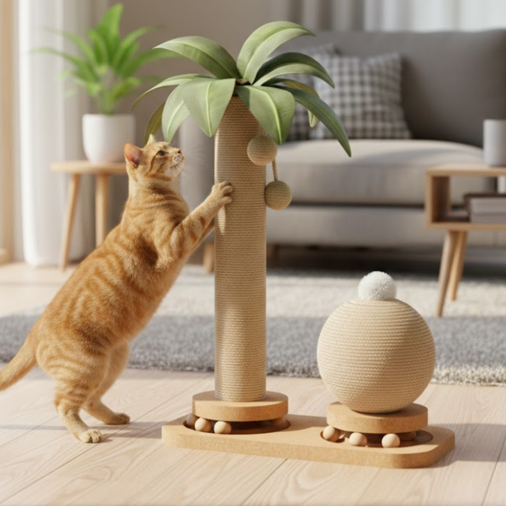 Coconut Tree Cat Scratching Post with Sisal Rope Solid Wood Base and Hanging Balls