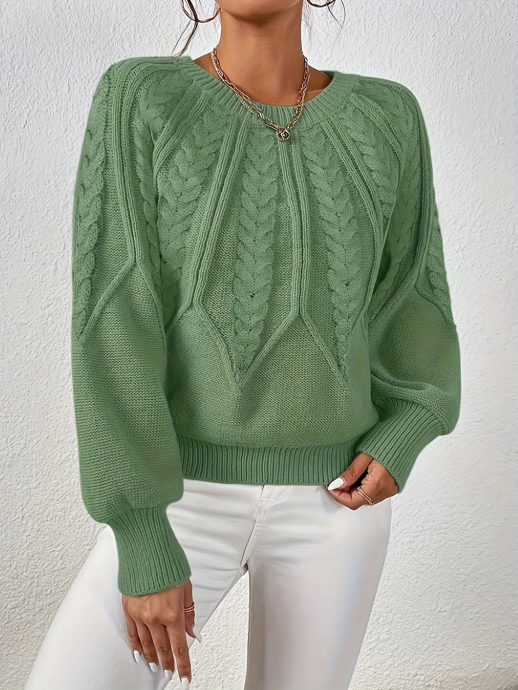 Women's Cable Knit Sweater with Relaxed Fit and Lantern Sleeves for Everyday Wear