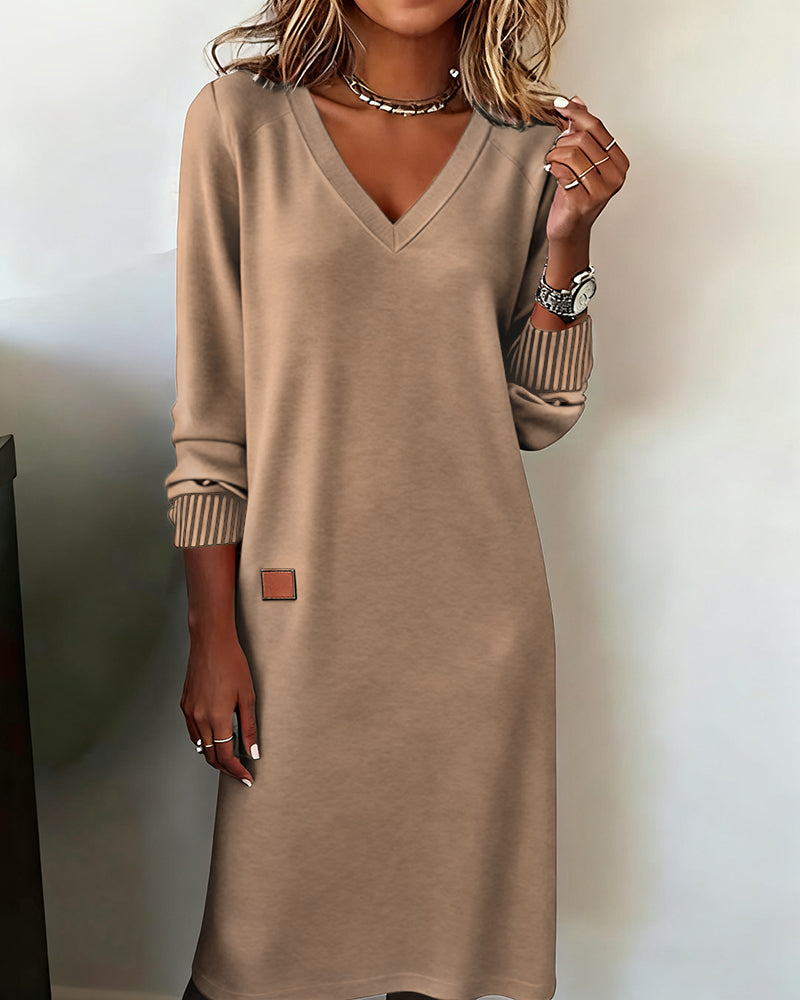 Women's midi dress — long sleeve knit with V-neck | office wear