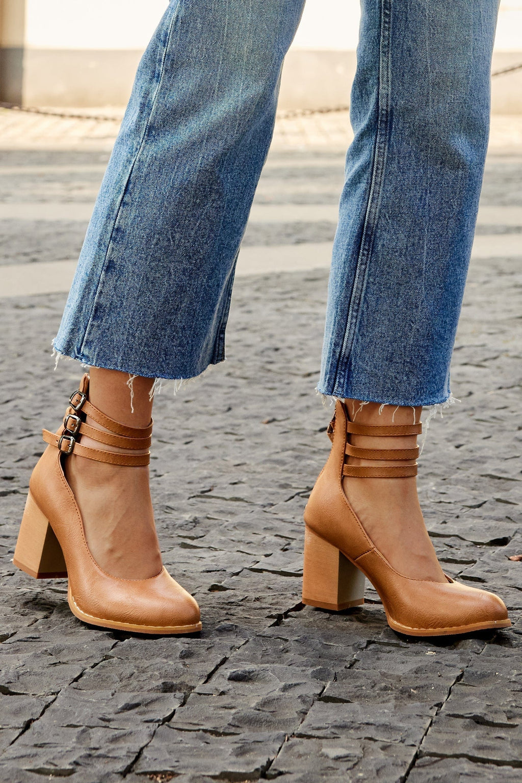 Women’s triple strap block heels — synthetic leather office footwear