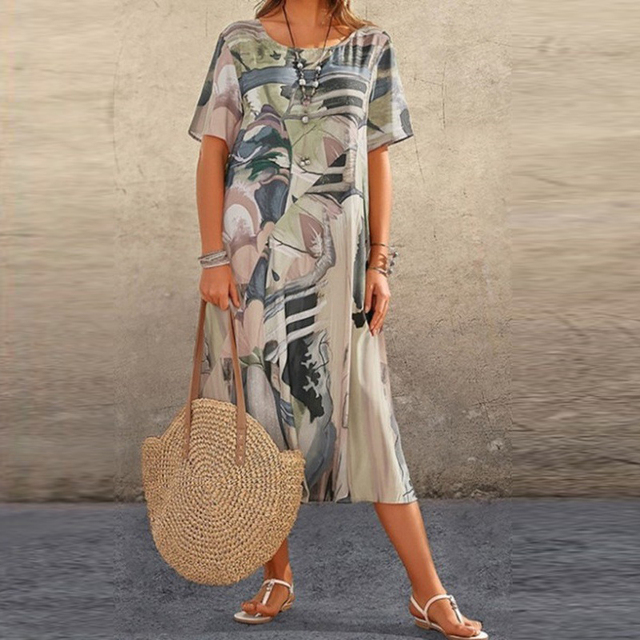 Printed Short Sleeve Midi Dress
