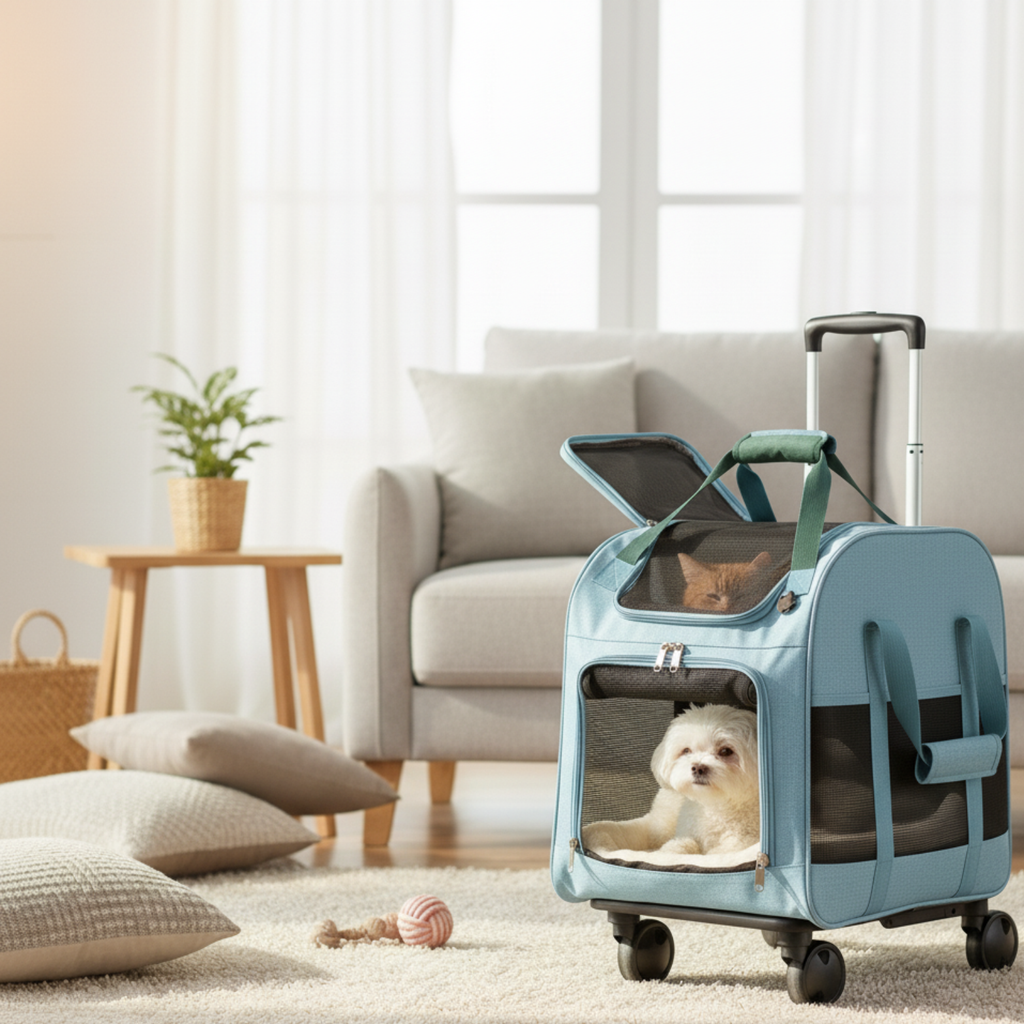 Foldable portable pet travel bag with detachable trolley and wheels