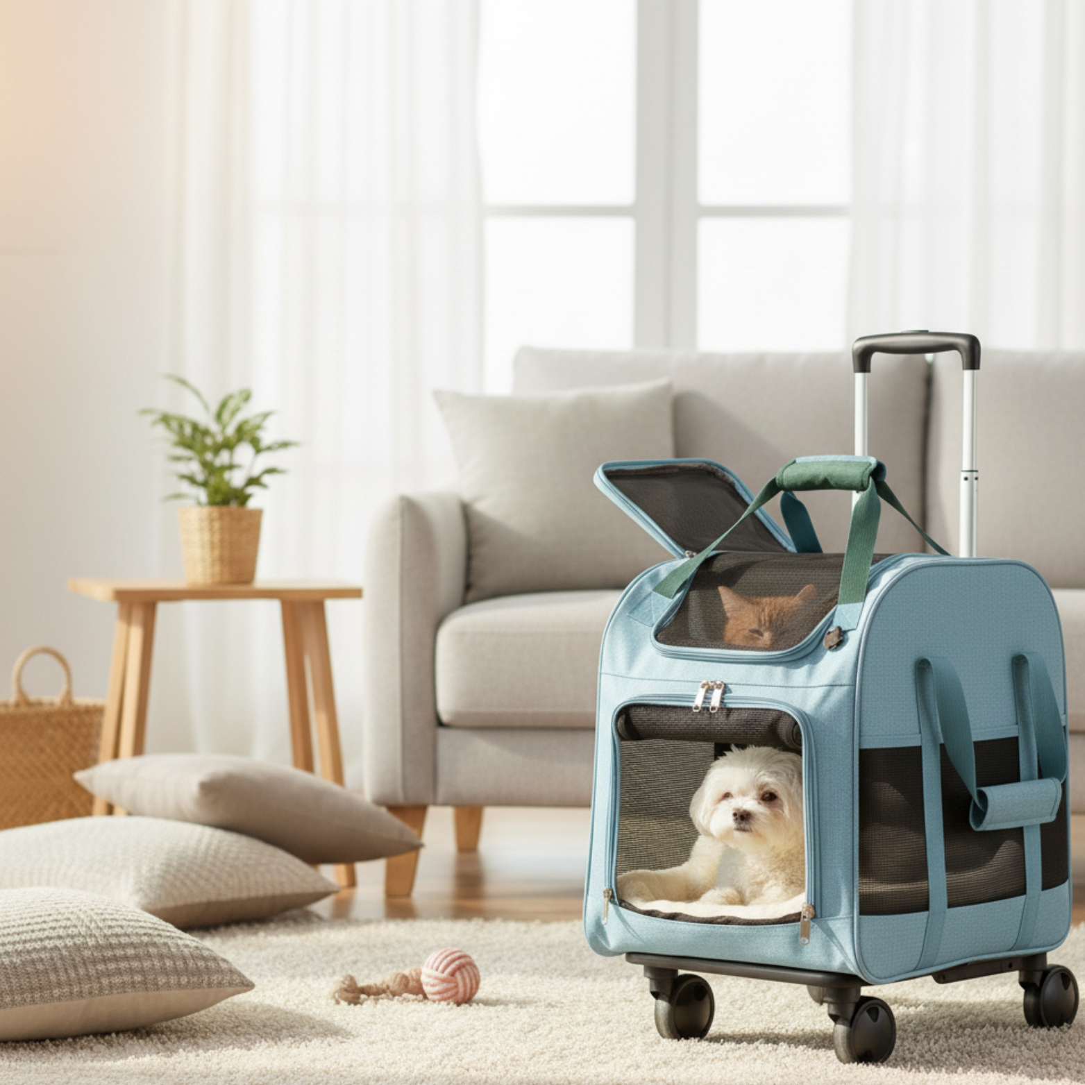 Foldable portable pet travel bag with detachable trolley and wheels