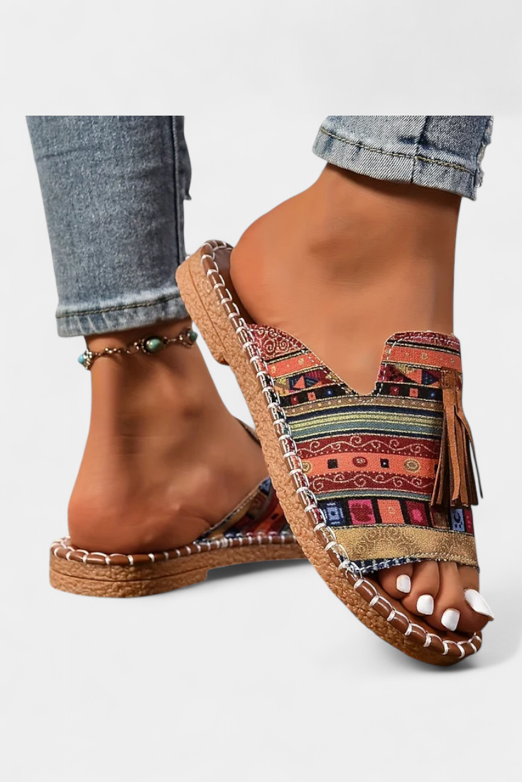 Woven Tassel Flat Slide Sandals