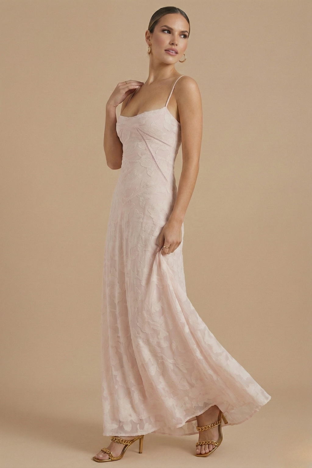 Floral Lace Overlay Maxi Dress Spaghetti Strap Sweetheart Neck Wedding Guest Gown