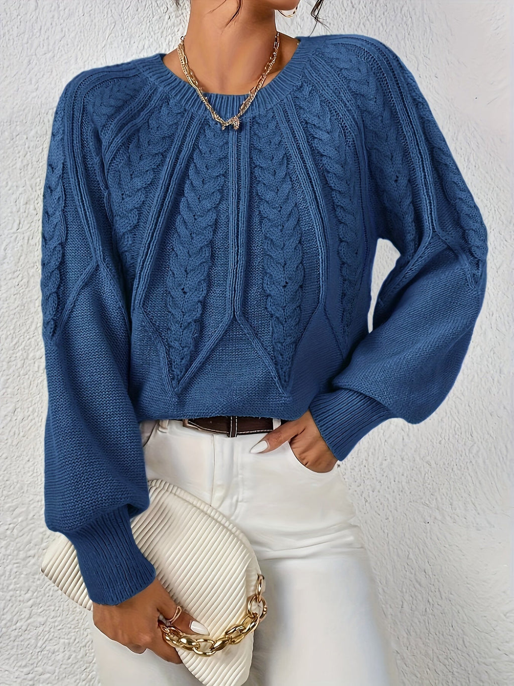 Women's Cable Knit Sweater with Relaxed Fit and Lantern Sleeves for Everyday Wear