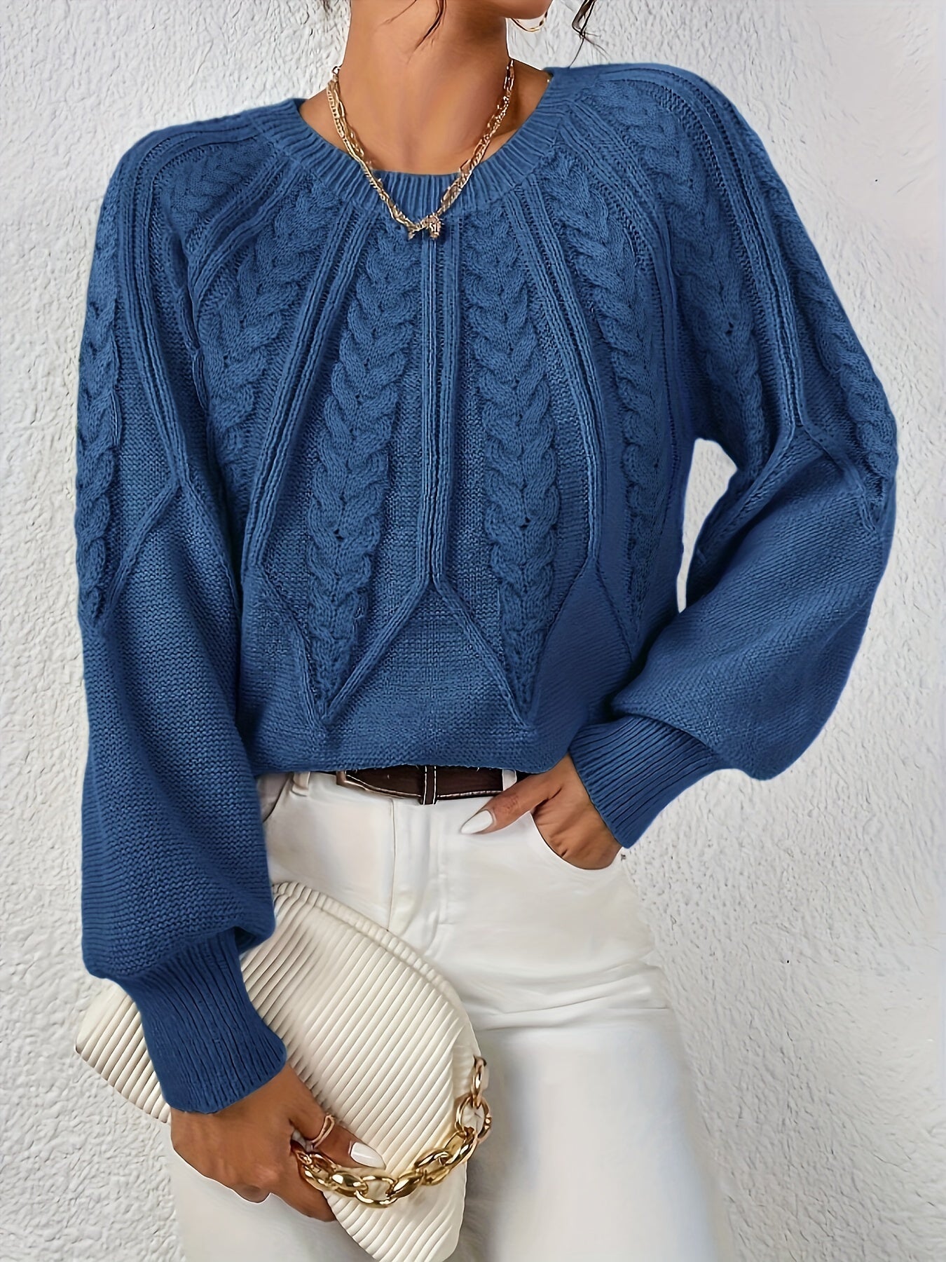 Women's Cable Knit Sweater with Relaxed Fit and Lantern Sleeves for Everyday Wear