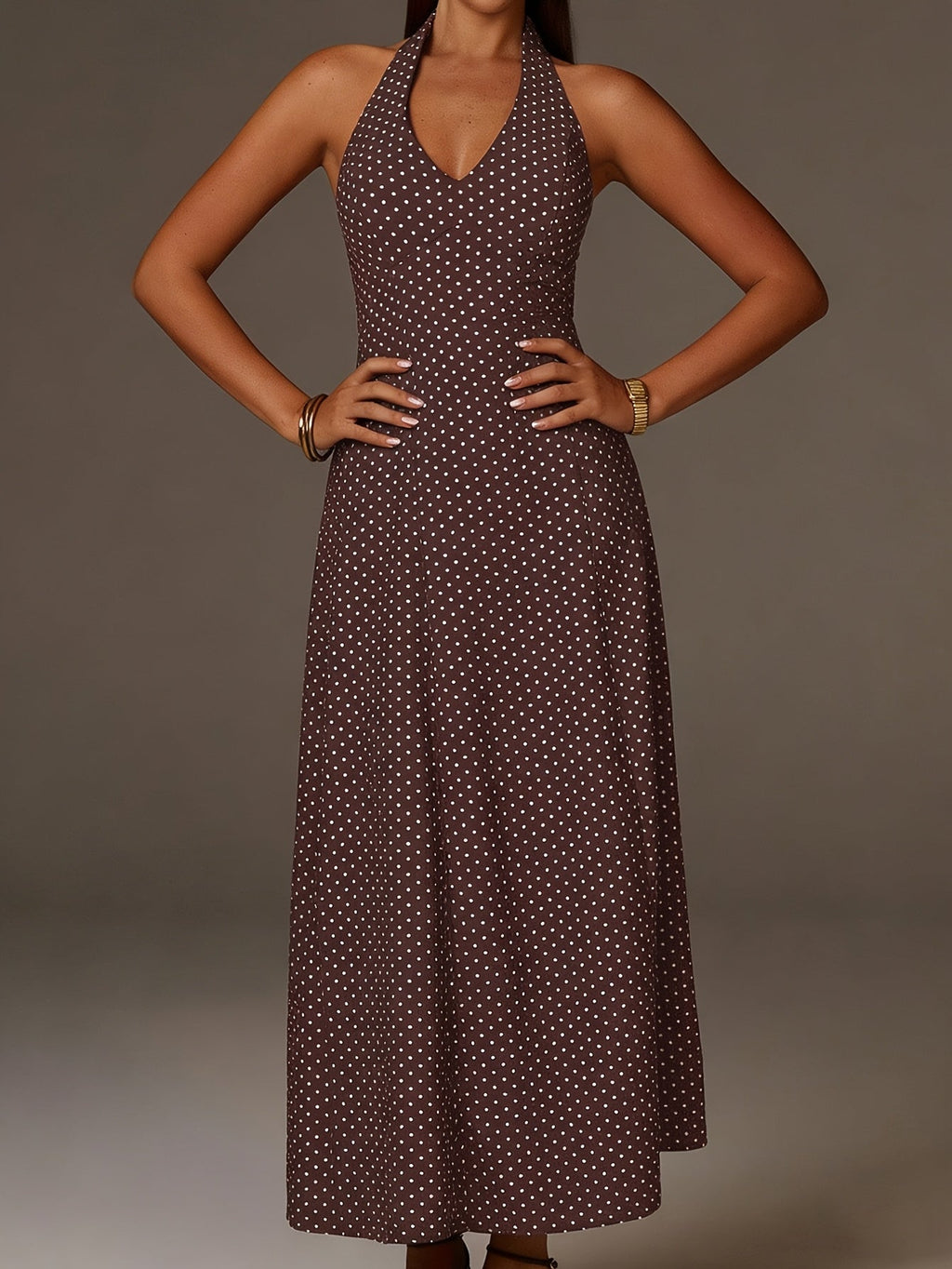 Halter Neck Polka Dot Maxi Dress Deep V Smocked Bodice Sleeveless Holiday Apparel