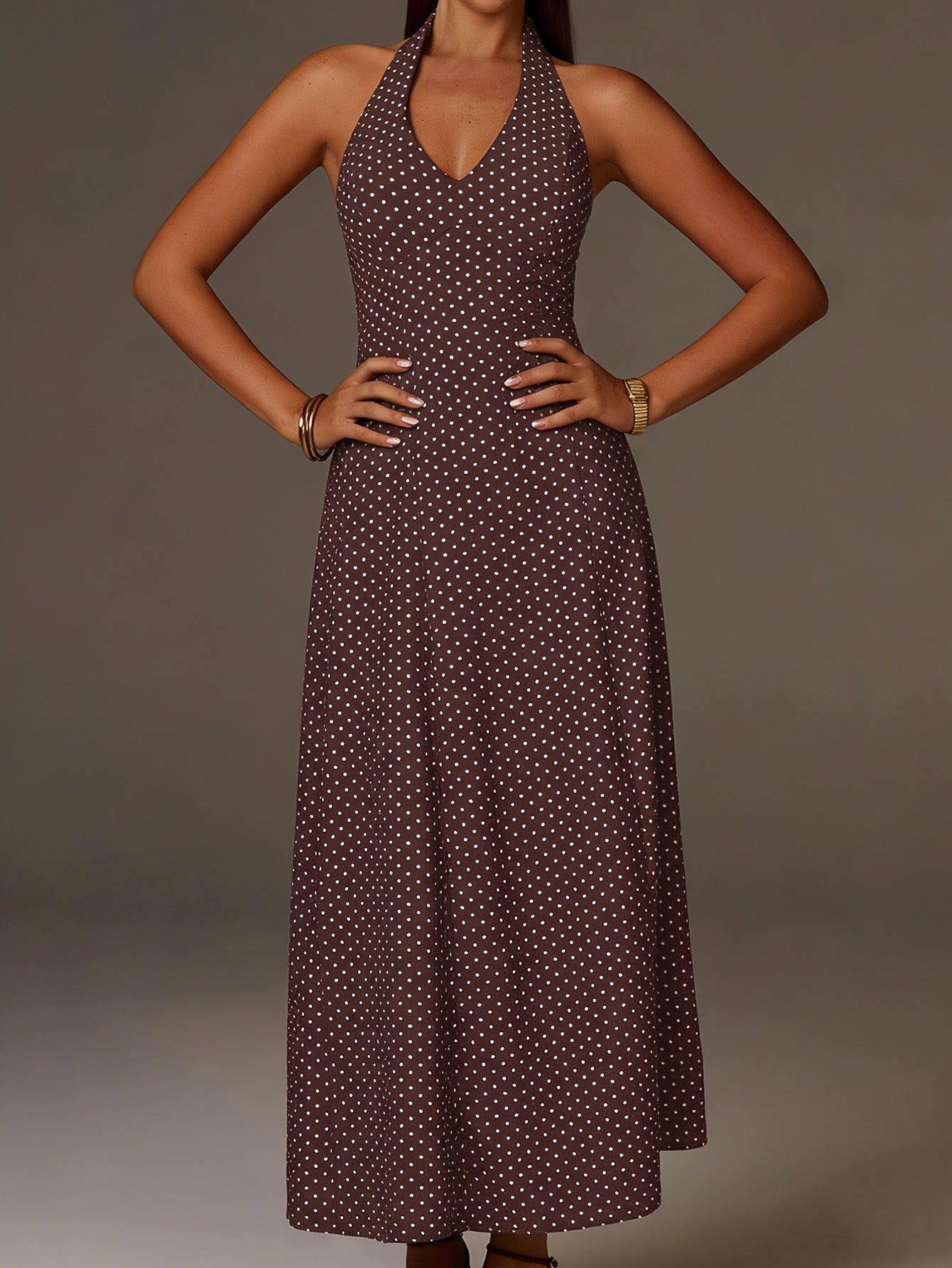 Halter Neck Polka Dot Maxi Dress Deep V Smocked Bodice Sleeveless Holiday Apparel