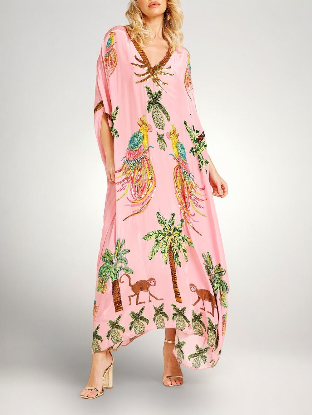 Tropical Print Sequin Kaftan Dress