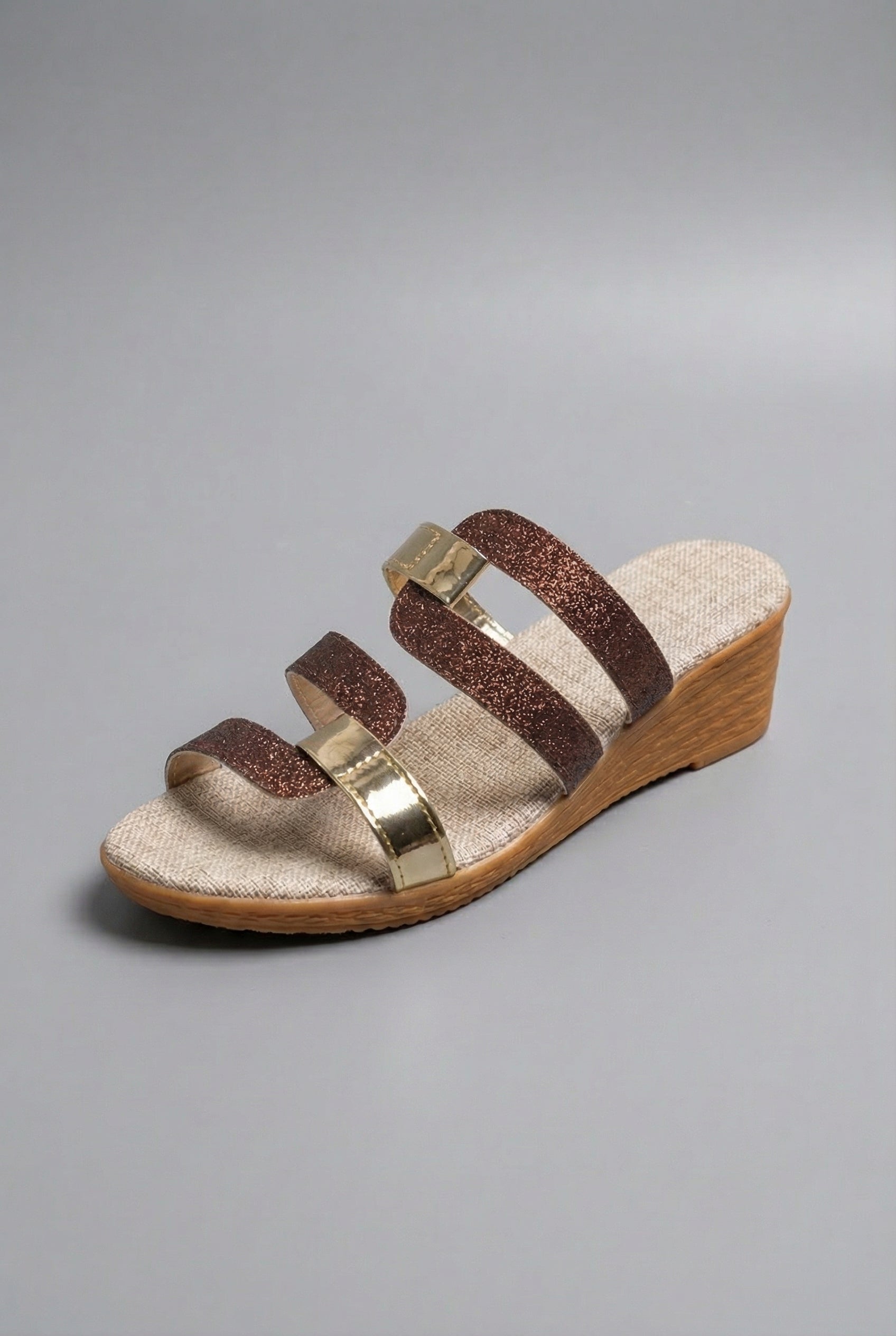 Women's Wedge Slide Sandals Triple Parallel Straps Glitter Detail Open Toe Shoes
