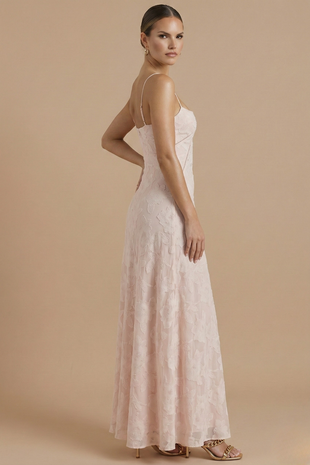 Floral Lace Overlay Maxi Dress Spaghetti Strap Sweetheart Neck Wedding Guest Gown