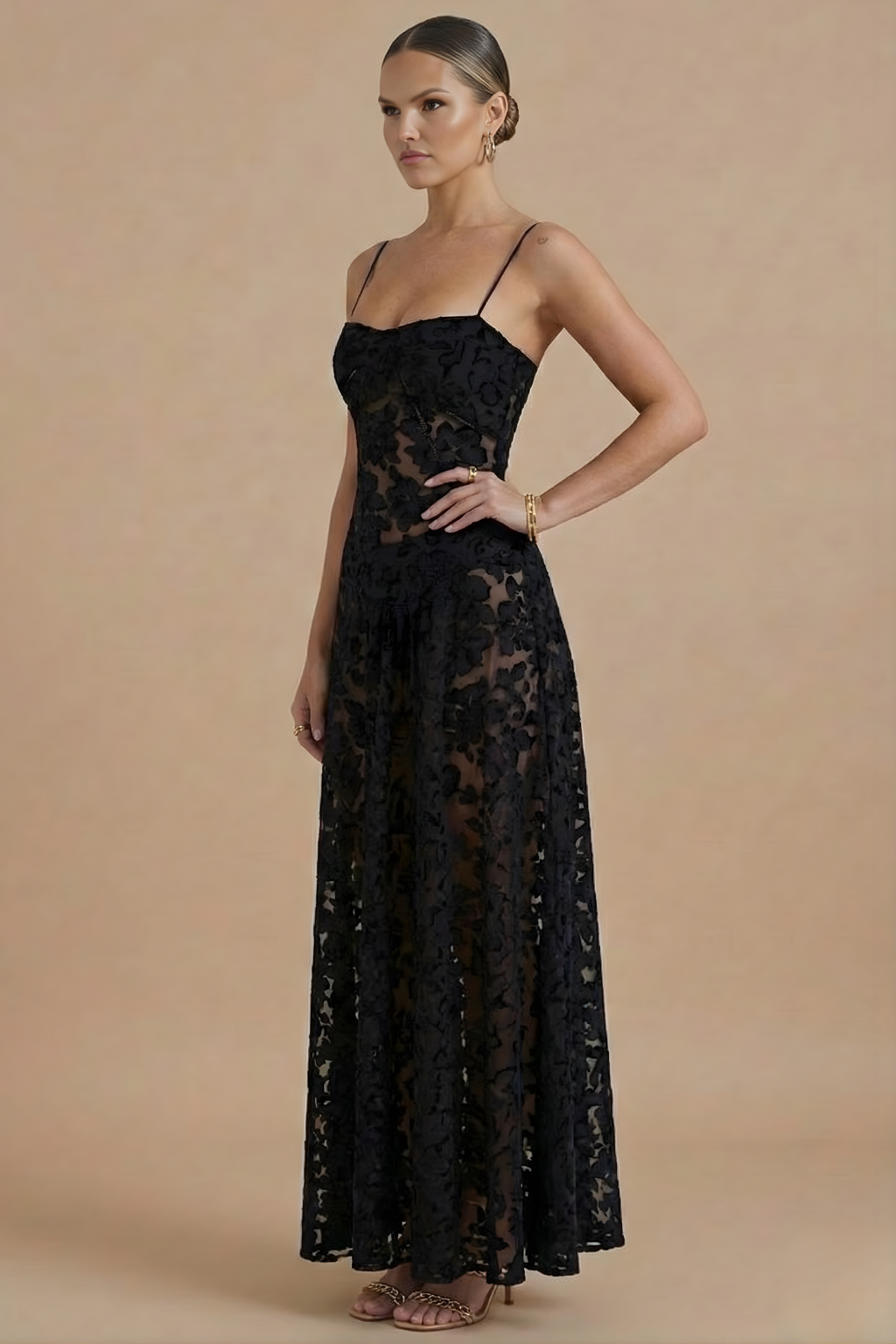 Floral Lace Overlay Maxi Dress Spaghetti Strap Sweetheart Neck Wedding Guest Gown